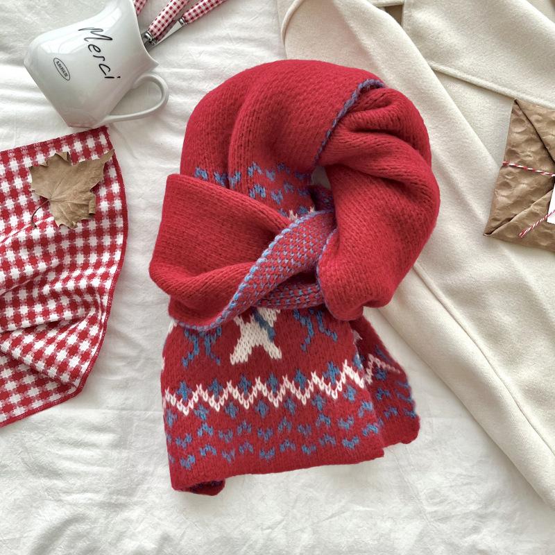 New Women'S Red Dog Pattern Knit Scarf Winter Warm Soft Christmas Fashion Korean Wrap Shawl Scarves For Ladies Male Sweet Casual