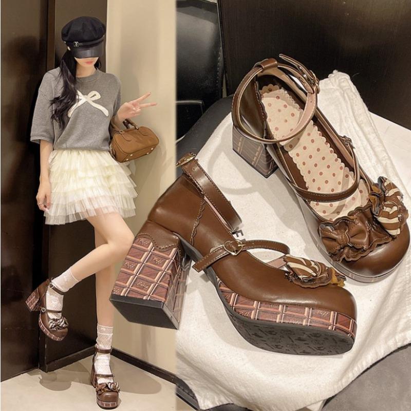 

Fashion 2025 Sweet Girls Lolita High Heels Platform Pumps Bowknots Ankle Strap Janes Shoes for Women Spring Autumn Heels 35