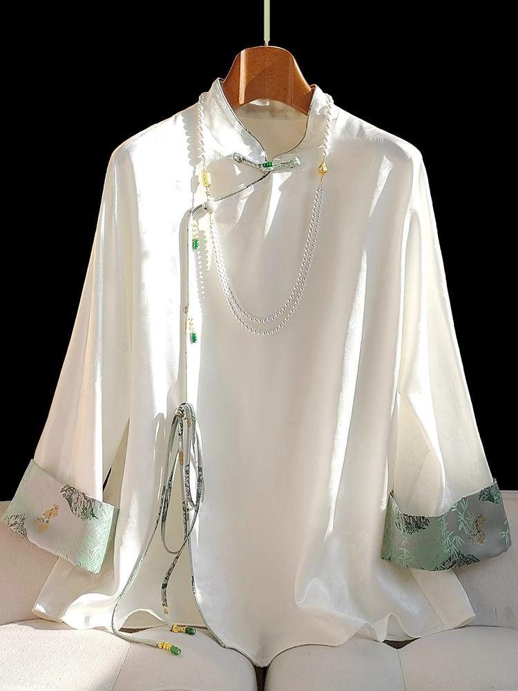 

Весна 2024 Женская рубашка Гуочао из ацетатного сатина с ретро диагональной застежкой и пуговицей-лягушкой Extra Large