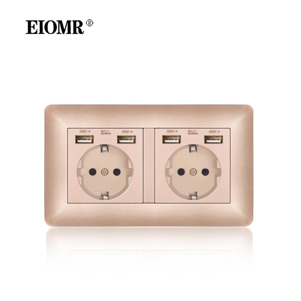

EIOMR Одинарна розетка з портами USB Type-C Подвійна розетка Вигнута Вогнестійка панель з полікарбонату 16А Золота ЄС Стандарт Розетки USB Double Socket