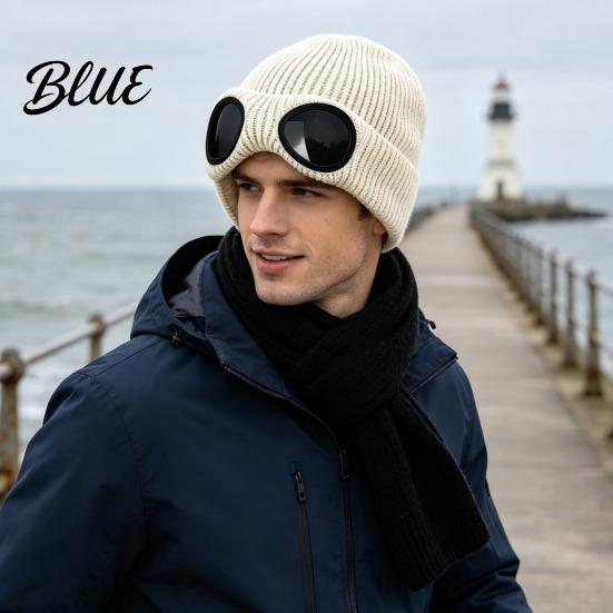Caldo Berretto Morbido in Acrilico Lavorato a Maglia con Occhiali Unisex Cappello Invernale Foderato in Pile Antivento Termico Cuffia per Ciclismo Sci Moda da Strada