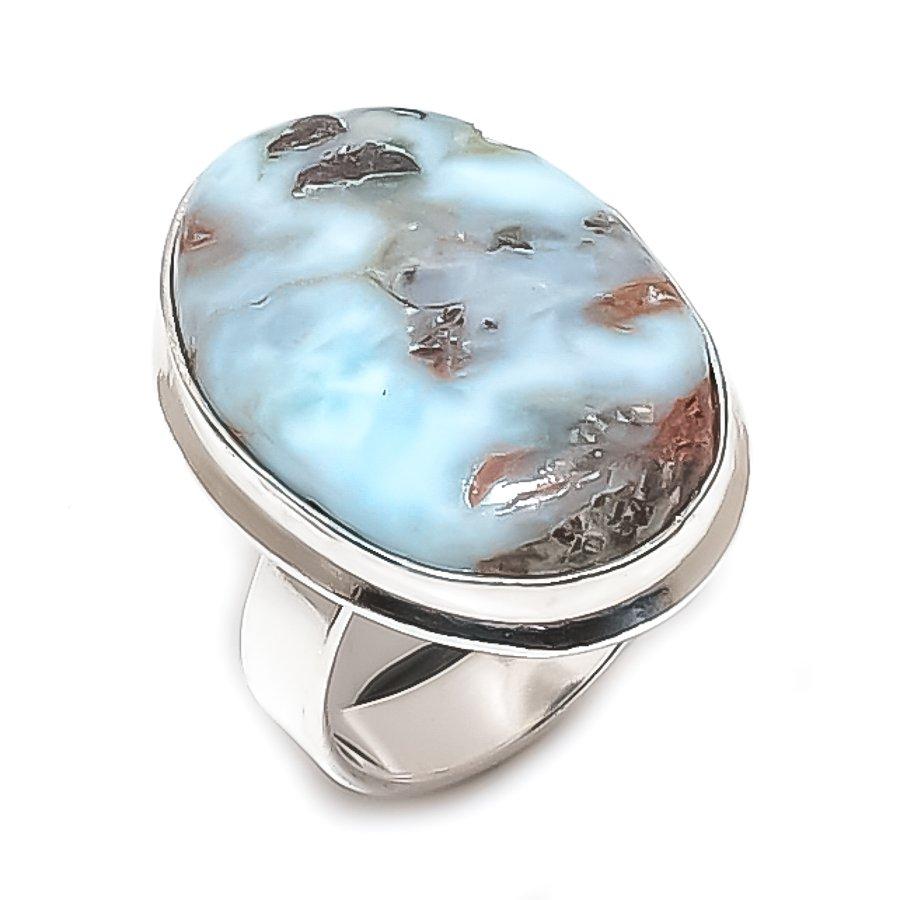 Natural Larimar Gemstone Handmade 925 Sterling Silver Jewelry Ring Size 7 m6D37