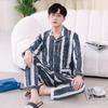 Men's Printed Long Sleeve Knit Cotton Pajama Set with Cardigan Lapel for Spring, Autumn, Winter