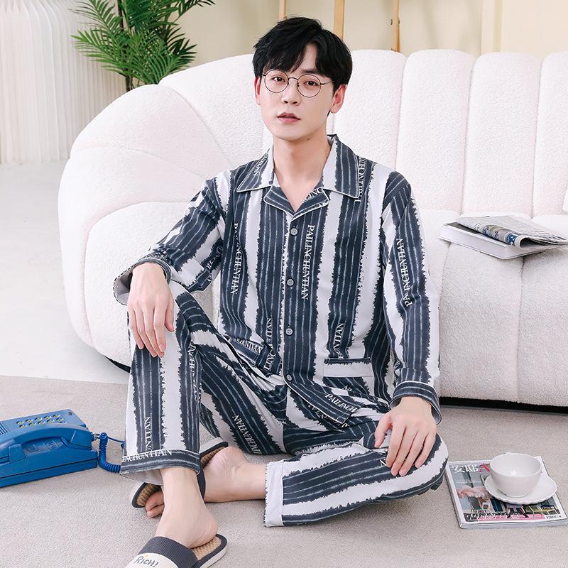 Men's Printed Long Sleeve Knit Cotton Pajama Set with Cardigan Lapel for Spring, Autumn, Winter