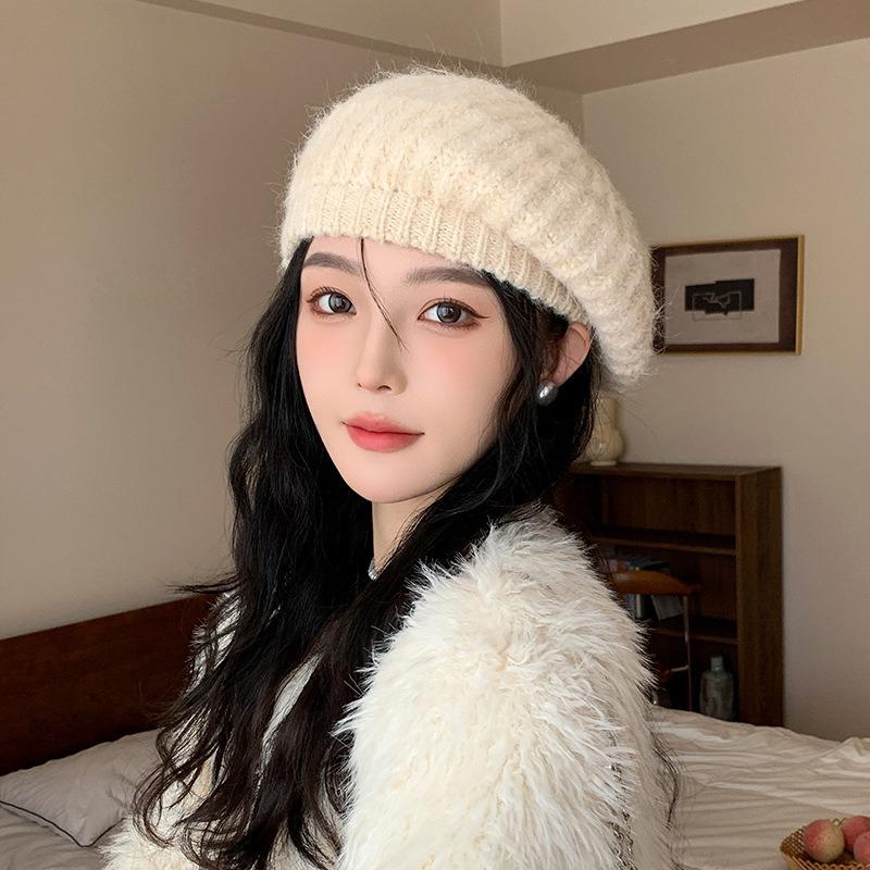Coarse wool beret women's plain face versatile soft waxy thickened warm face small knitted painter hat