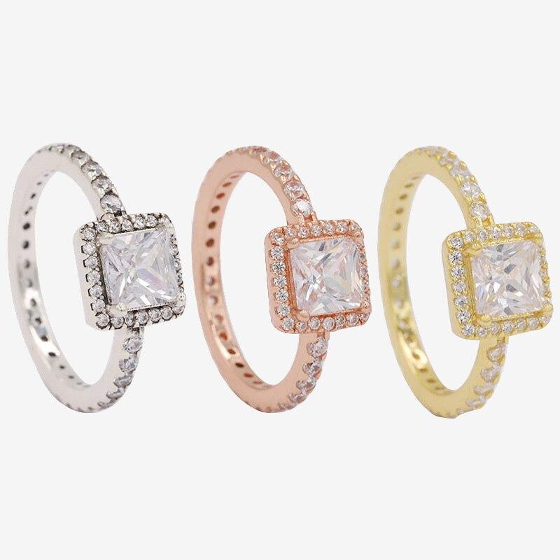 925 Sterling Silver Pan Ring Creative Personalized Square With Crystal Cz Ring For Women Wedding Party Fashion Jewelry