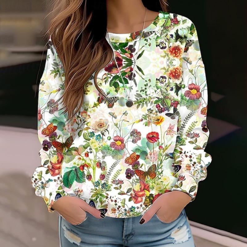 Flower Pattern Print Women's T-Shirt Long Sleeve Autumn O Neck Lady Clothes Tops Oversized Harajuku Streetwear Female Tees