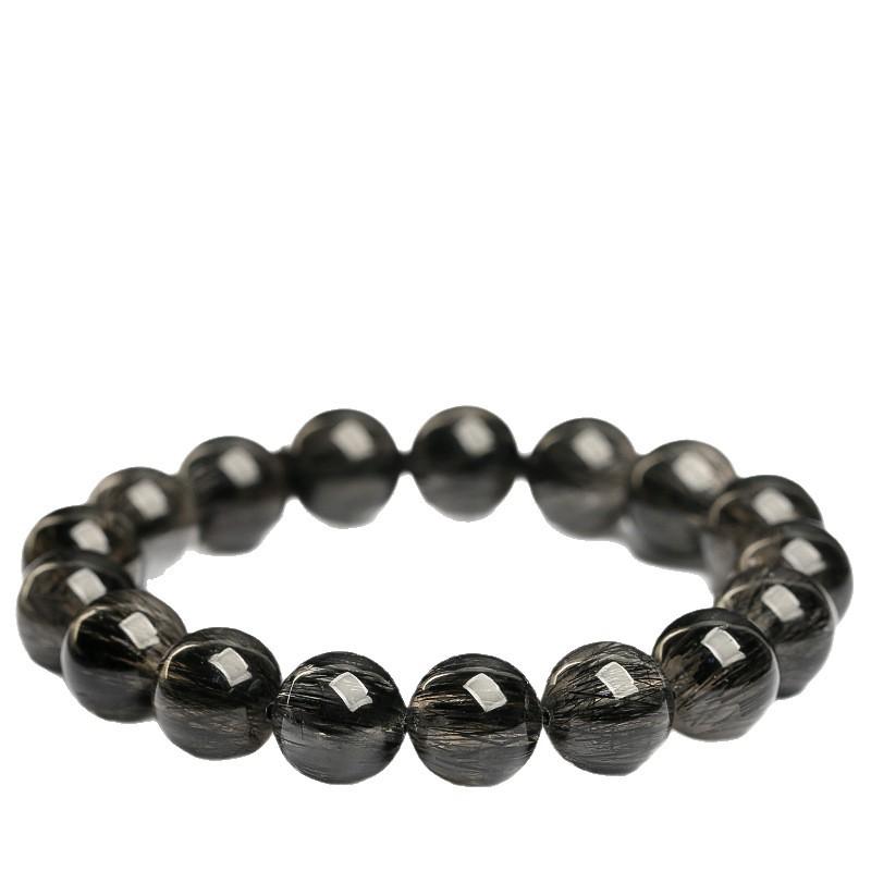 Hongchu Crystal Natural Black Hair Crystal Bead Bracelet Black Rutilated Quartz Smooth Bead Bracelet