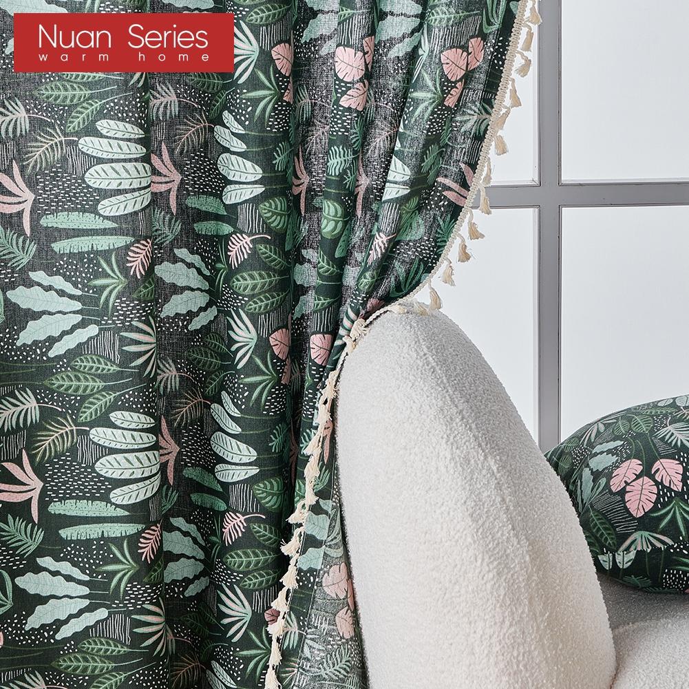 1PC Nuan Series Semi Blackout Curtain with Green Water Grass Pattern and Flowing Edge Curtain for Small Window Kitchen Bedroom Living Room Home Decor