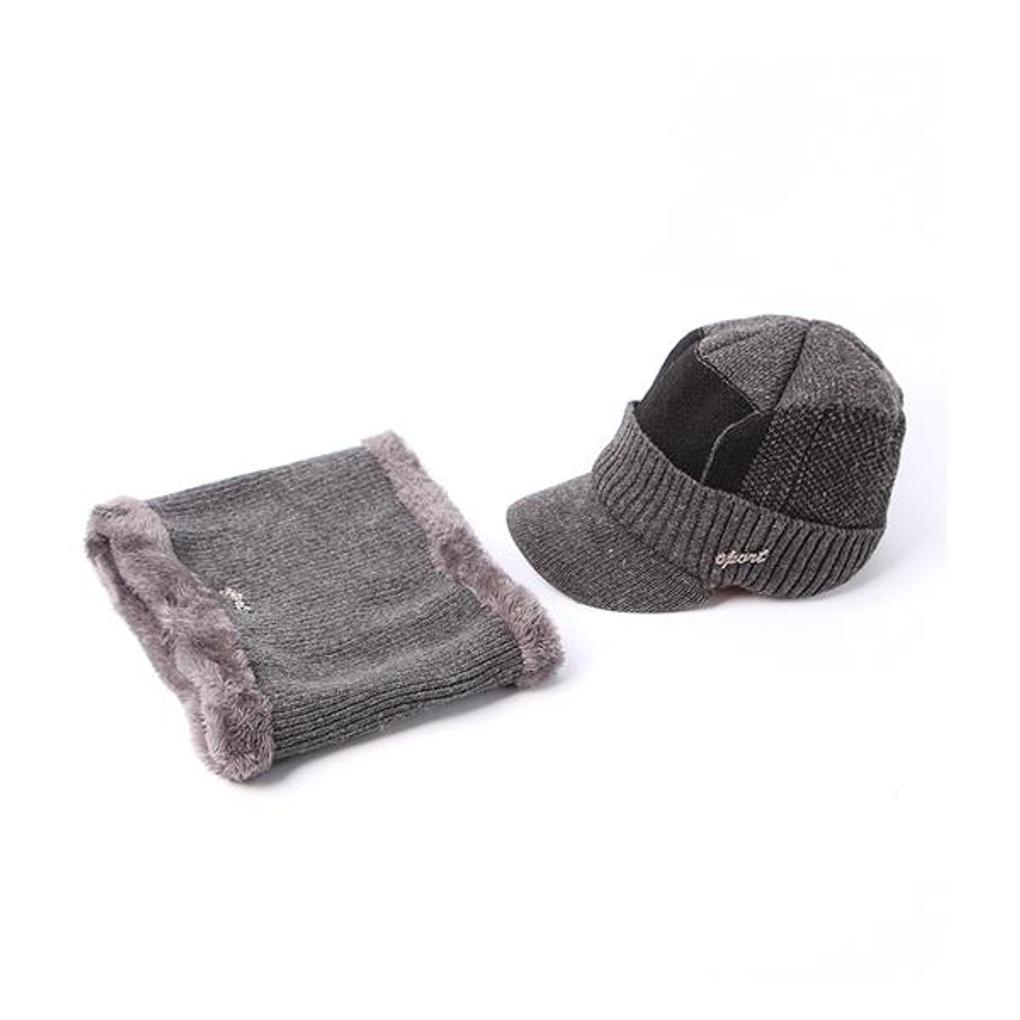 Neckwarmer Knit Brim Hat Set (Gray)/Fur Hat Winter Hat