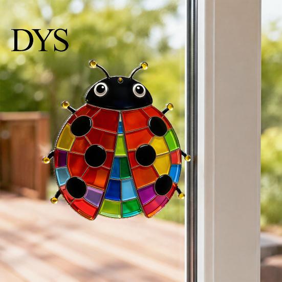 Outdoor Wall Art for Fence 2Pcs Colorful Acrylic Ladybug Stickers, Adhesive Insect Stained Glass Style Decor Cute Decoration Garden 2D Hanging