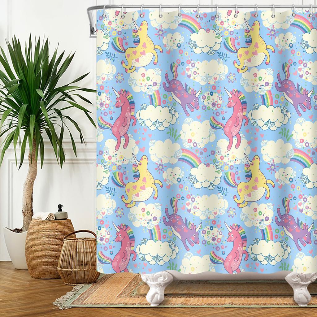 Cartoon Shower Curtain for Bathroom Kids Rainbow Cloud Sun Stars Flower Unicorn Cute Animals Waterproof Bath Curtain Home Decor