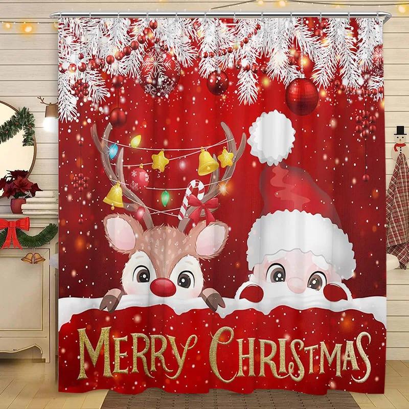 Vánoční sprchový závěs Santa Claus Vánoční strom Kočka Pes Zima Zasněžený Sněhová vločka Domov Polyesterová tkanina Koupelnová dekorace Závěsy