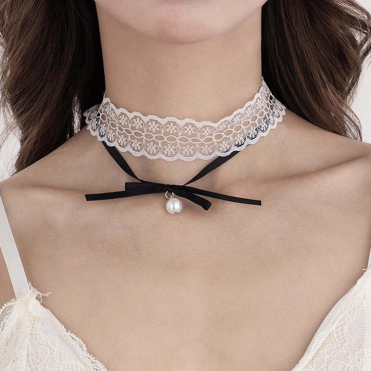 

Ожерелье с подвеской в виде розового банта в темном стиле с кружевной цепочкой для женщин