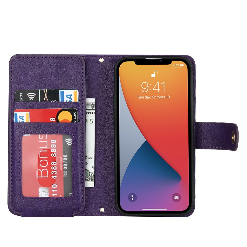 For iPhone 13 mini Stand Case PU Leather Phone Cover with Straps/Zipper Wallet/Multiple Card Slots