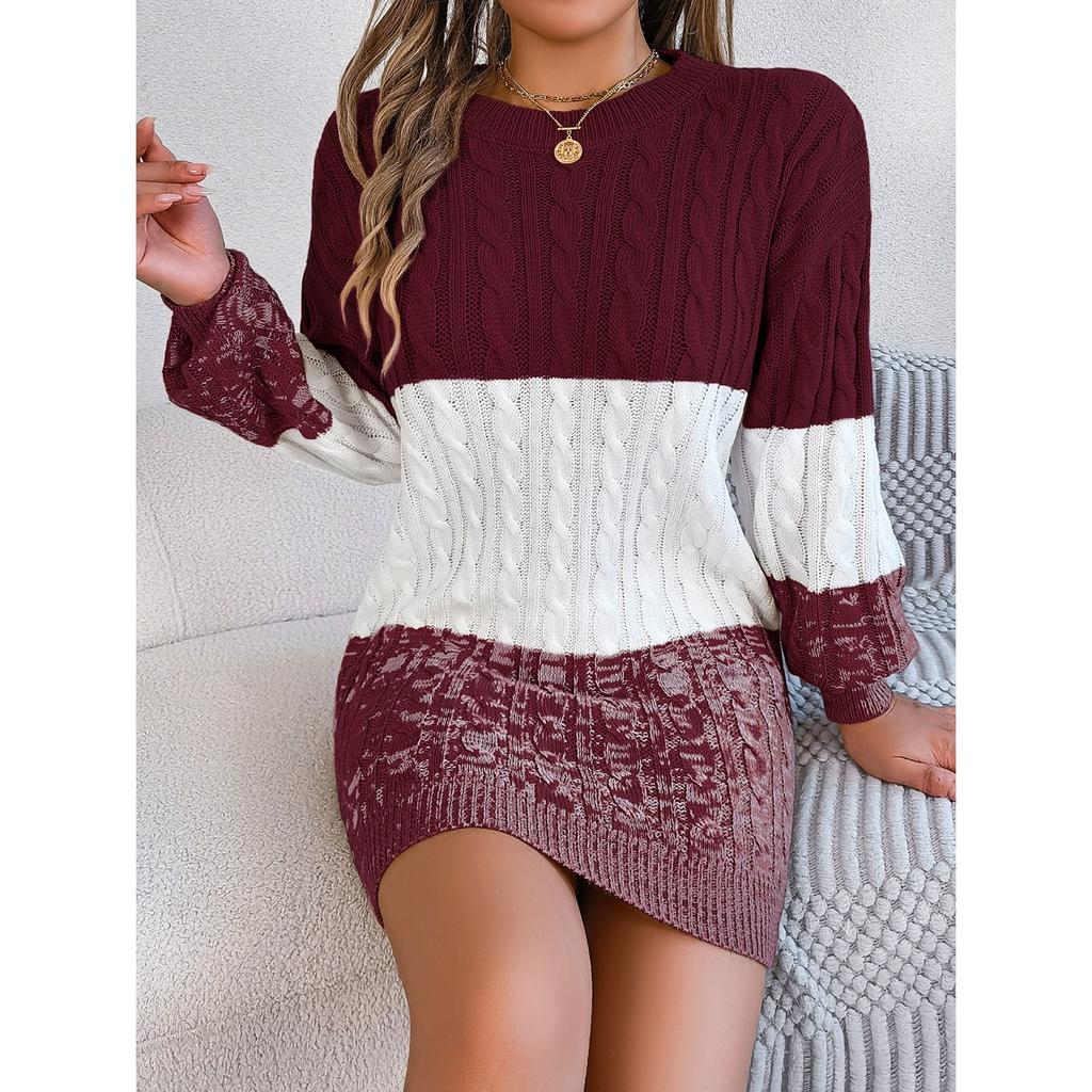 HNXC  Autumn and Winter Casual Color-block Preppy Lantern-sleeved Sweater Dress for Women