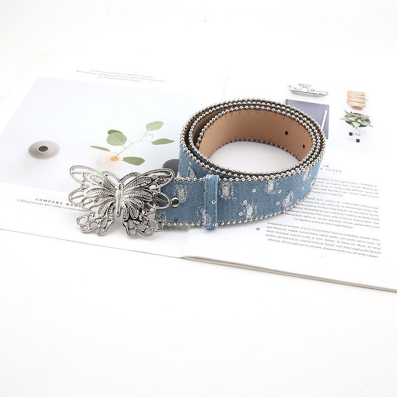 Ladies Canvas Belt 2023 New Summer Smooth Buckle Butterfly Decor Leather Belt For Jeans Stylish Korean Fashion 103cm