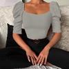 Women's Spring New Women's Simple Square Neck Puff Sleeve Top Women's Short Sleeve