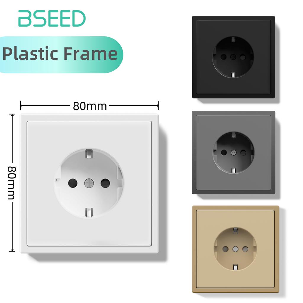 BSEED Single EU Socket 80*80mm Power Outlets Electric Sockets Plastic Frame Wall Socket White Black Gold Gray 16A E Series