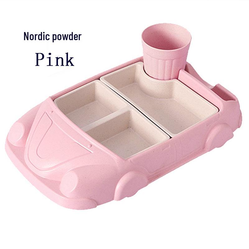 Car-Shaped Bamboo Fiber Children's Plate with Three Compartments & Water Cup - Durable, Anti-Fall Design for Baby Meals