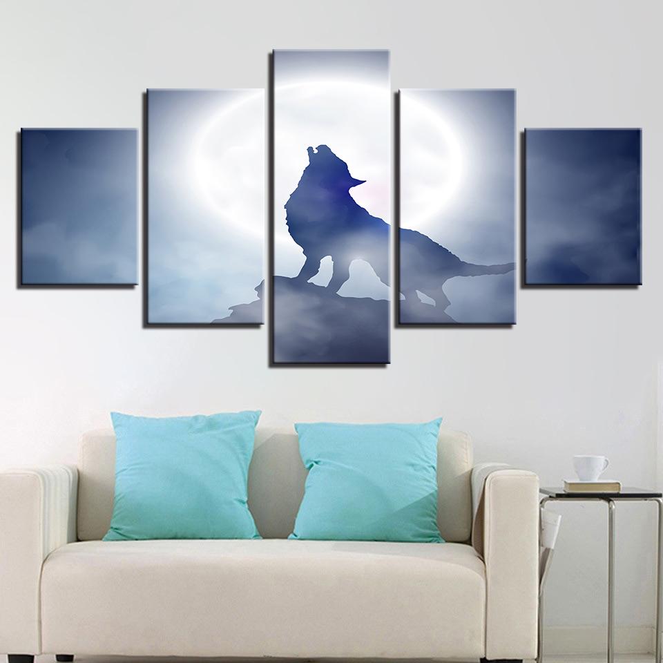 5 Pieces Wall Art Canvas Full Moon Night Animal Wolf Howl Poster Paiting Decor Living Room Picture Print Bedroom Home Decoration