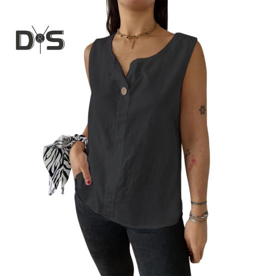 Women Vest Sleeveless Button Decoration Casual Tank Tops Solid Color Cotton Linen Lightweight Breathable Tops