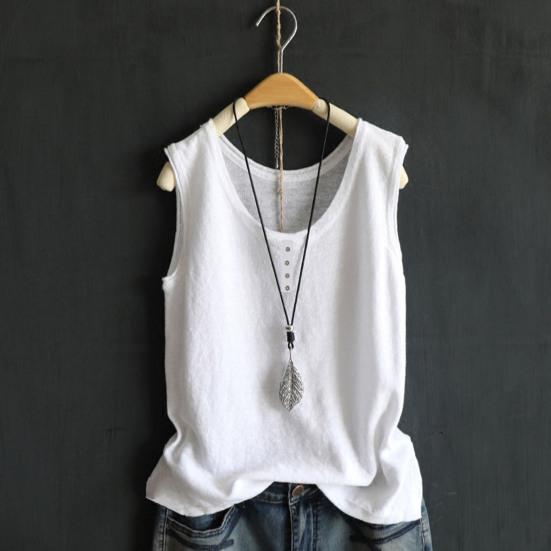 Women Vest Round Neck Buttons Decor Sleeveless Tank Tops Solid Color Loose Fit Thin Summer Tops Daily Wear