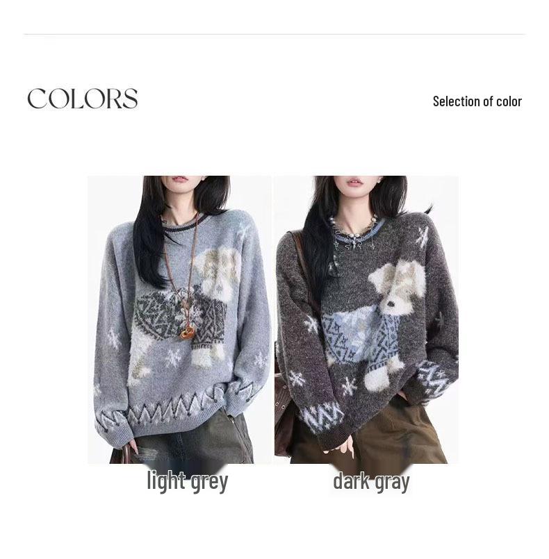Unisex Retro Cartoon Embroidered Thick Fair Isle Sweater for 2026 - Puppy Mink Jacquard Design
