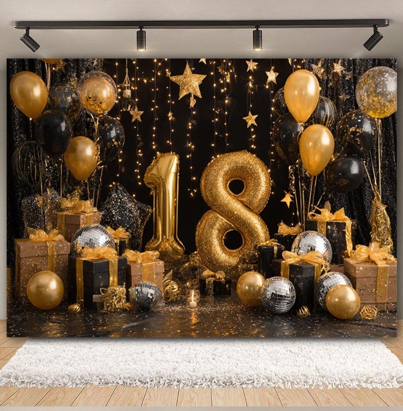 Black and Gold Balloon Gift Theme 18th Birthday Banner Backdrop Cloth Adult Gift Birthday Party Decoration Photography Backdrop