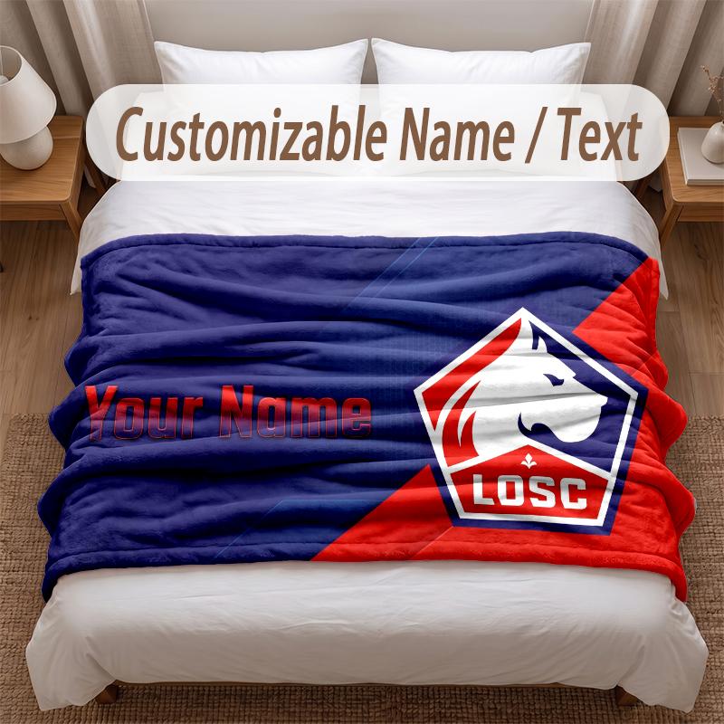 LOSC Lille FC Printed Flannel Blanket Custom Name Text Soft Warm Throw For Bedroom Holiday Gift