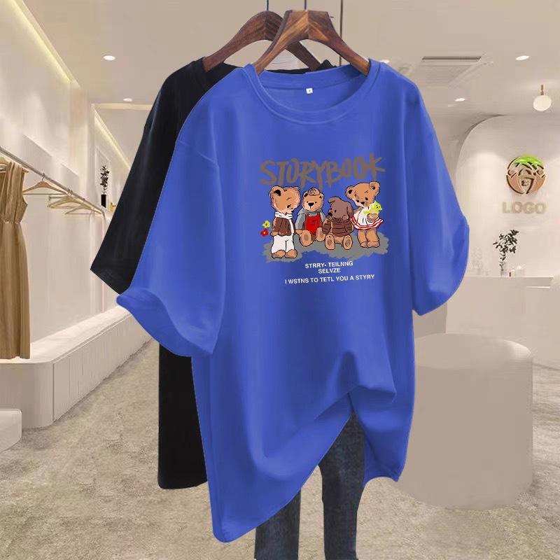 Brown Pure Cotton with Long Cartoon Short-sleeved T-shirt for Women's 2025 Early Spring New Large-size Loose Top