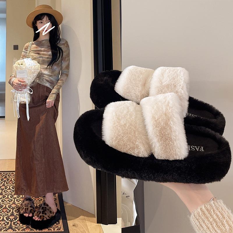 Wool slippers women wear new trendy women's shoes in autumn, one-line platform plush cotton slippers for women
