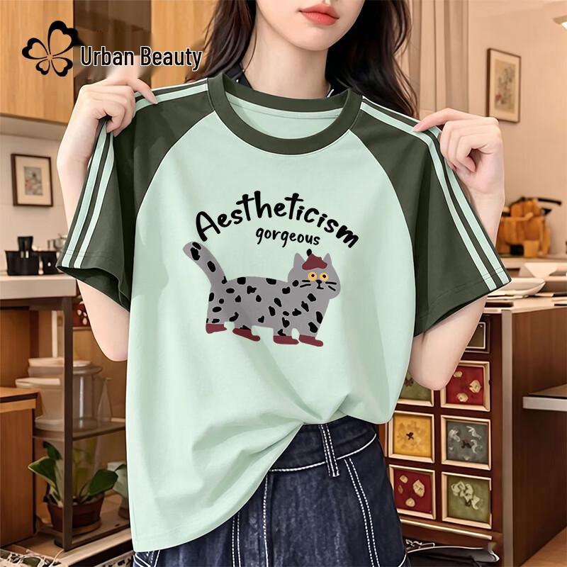 Women s Raglan Sleeve Quirky Cat Print Cotton T-Shirt XL