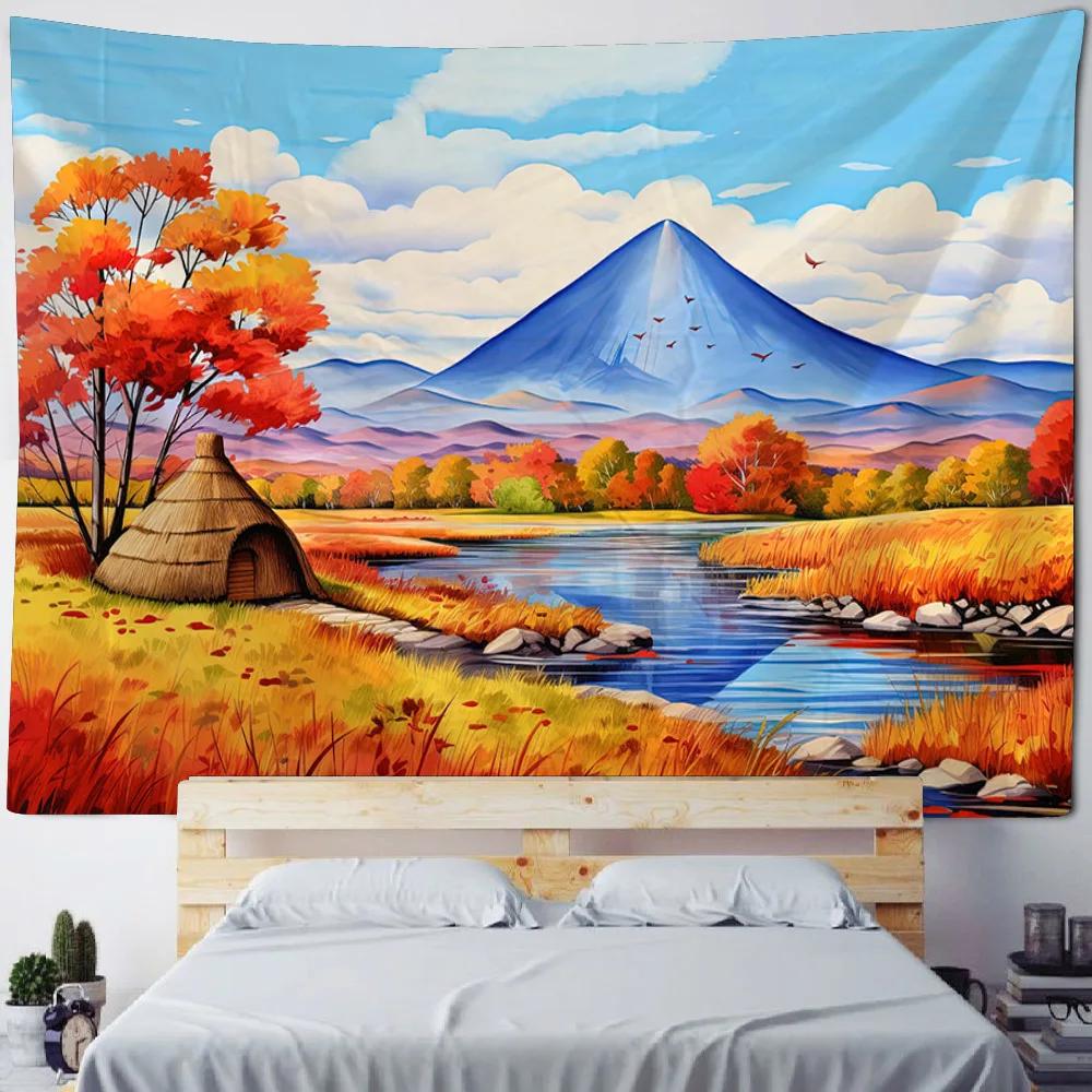 Colorful Mountain & Lake Rural Landscape Oil Painting Tapestry Retro House Art Decor Home Wall Hanging Canvas
