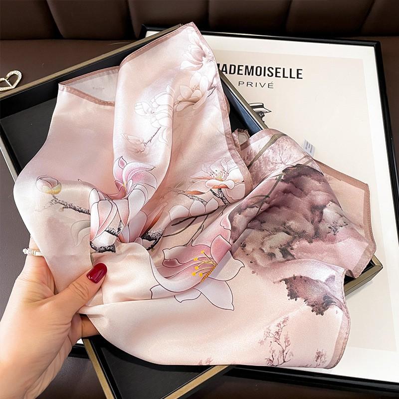 Elegant Pink Floral Silk Scarf Women Lightweight Square Neck Wrap 100% Mulberry 53x53cm