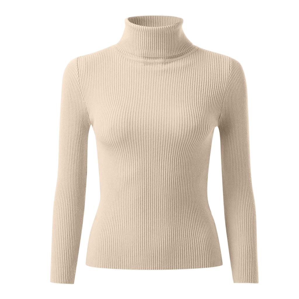 Women's Fashion High Neck Slim T-Shirt Long Sleeve Pullover Solid Colour Top