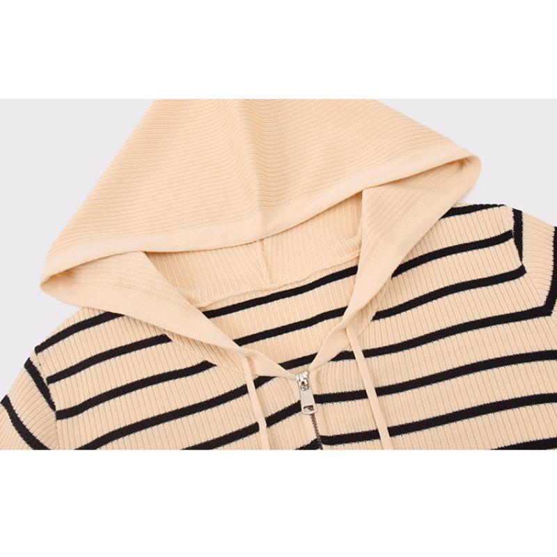 Damen Übergröße Kapuzensweatshirt Damen Gestreifte Oberteile Herbst Strick-Cardigan Jacke