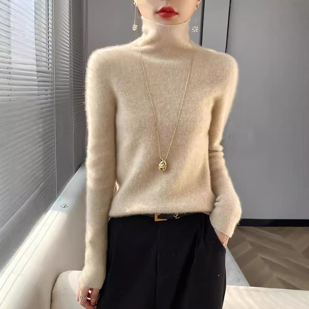 Women's Autumn Winter Pile Neck Knit Pullover Long Sleeve Slim-Fit Thin Inner High Neck Base Layer