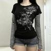 European and American Y2K Personalized Fake Two-piece Striped Long Sleeved Fashionable Women's Printed Top