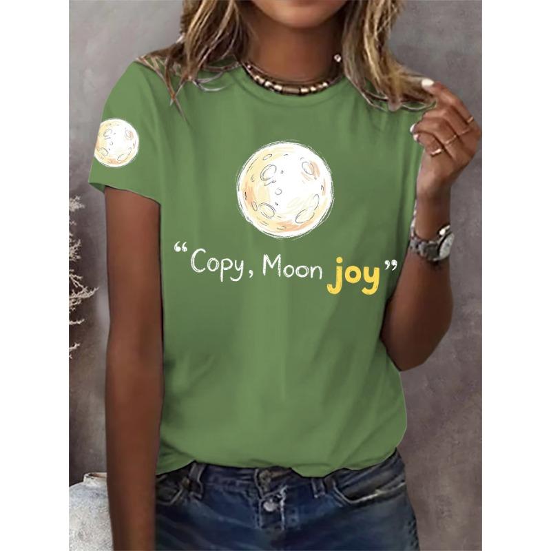 Ilstile Women's Artemis II Copy Moon Joy Print T-Shirts Summer Short Sleeve Tops Casual Round Neck T Shirt Black White Tees