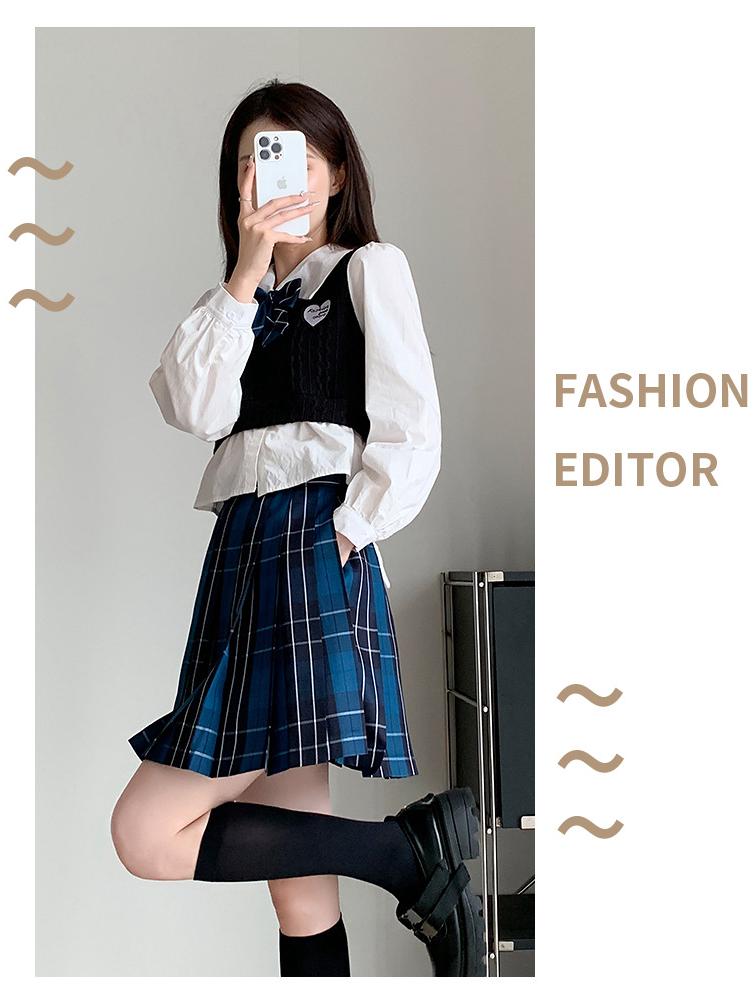 Women's Blue Plaid A-Line High Waist Pleated Skirt - College Style, Plus Size, Short Length for Spring & Autumn