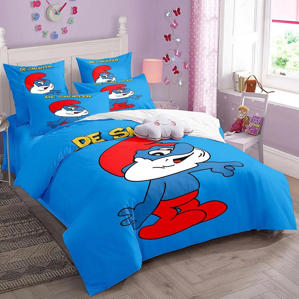 Cartoon S-Smurfs Printed Duvet Cover Pillowcase Bedding Set Boy Girl Children Single Double Large King Queen Size Gift