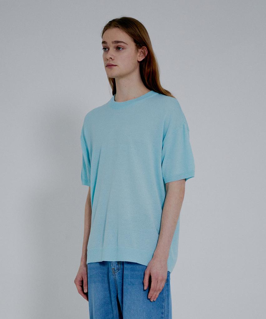 KNITTED Cool Summer Essential Round Short Sleeve Knit Tee Sky Blue