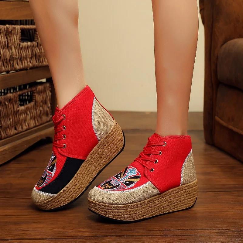 Fashion 2024 New Retro Women Linen Cotton Fabric Embroidered Short Ankle Platform Boots Comfortable Ladies Lace Up Booties Winter Shoes