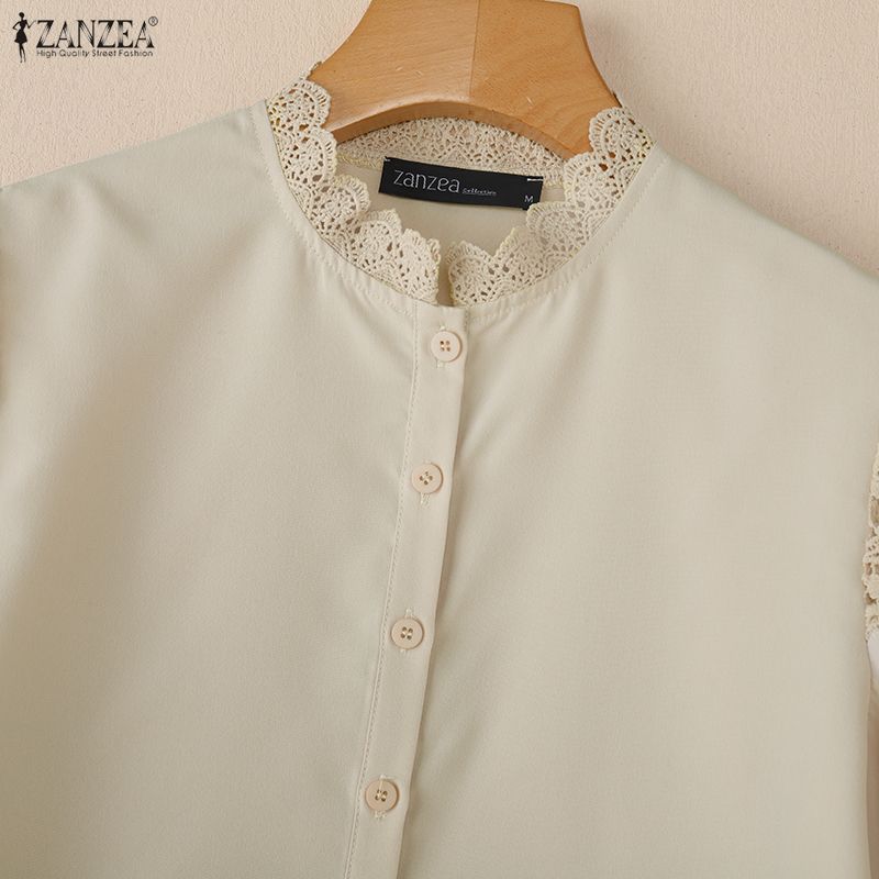 ZANZEA Women Stand Collar Casual Lace Crochet Splice Half Sleeve Blouse