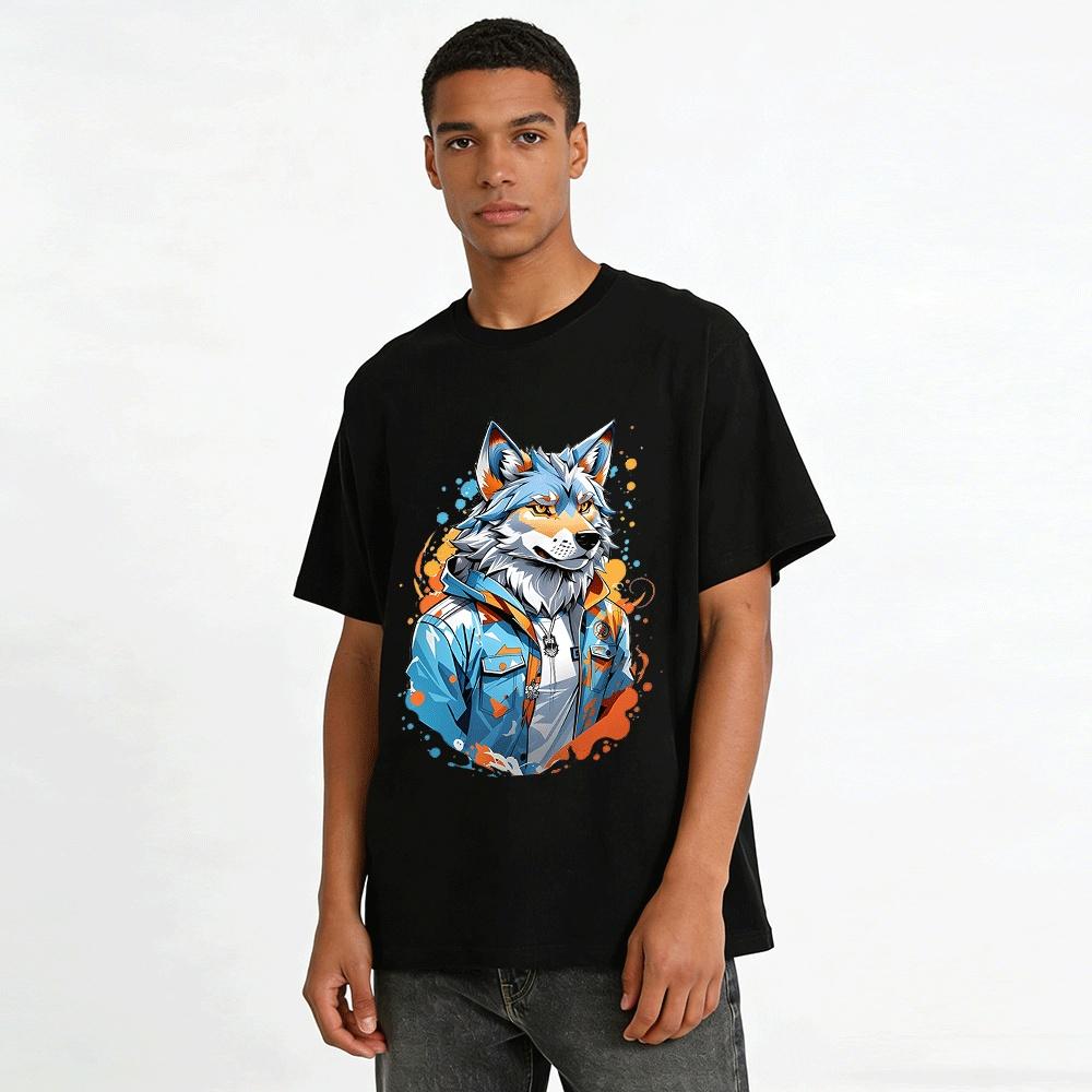 Trendy Anthropomorphic Wolf Print Casual Short Sleeve Streetwear Top Pure cotton T-shirt