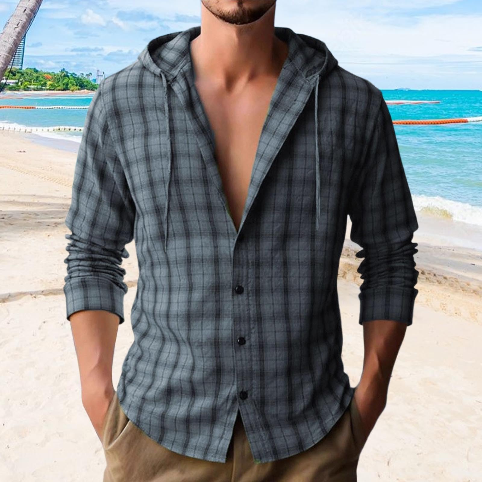 

Mens Plaid Button Down Hoodies Casual Long Sleeve Shirt Lightweight Workout Pullover Tops Fall Fashion Outfits L синий