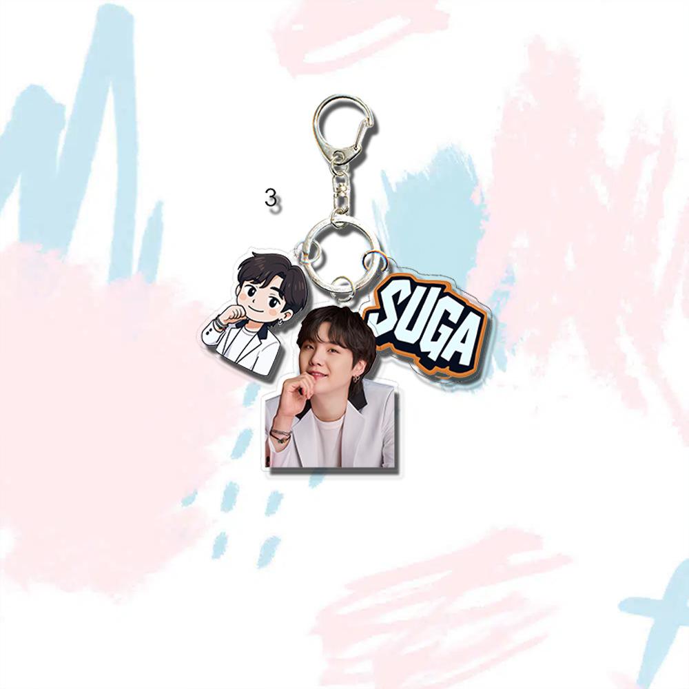 BTS White Suit Triple-Charm Keychain, Bangtan Boys Photo, Cartoon & Colorful Name Tag Keyring, Kpop Idol Bag Pendant for ARMY Fans