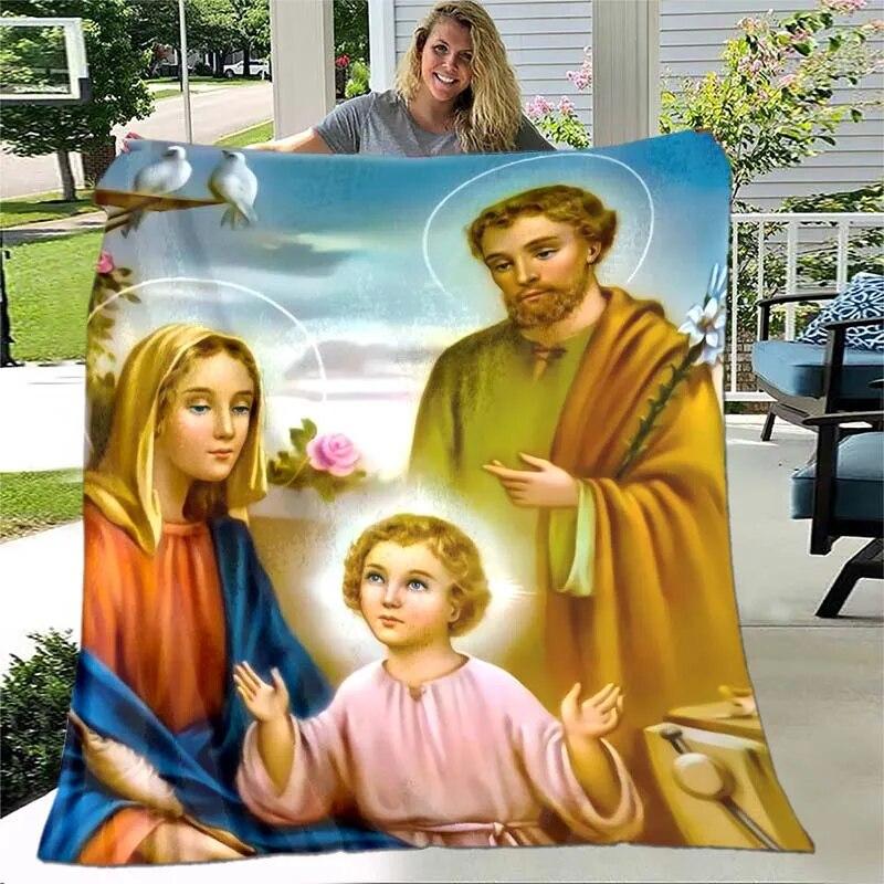 Jesus Jungfrau Maria Prayer Blanket- Lightweight Flannel Throw for Sofa ,Digital Printed Blanket with Soft & Worm Flannel Fabric