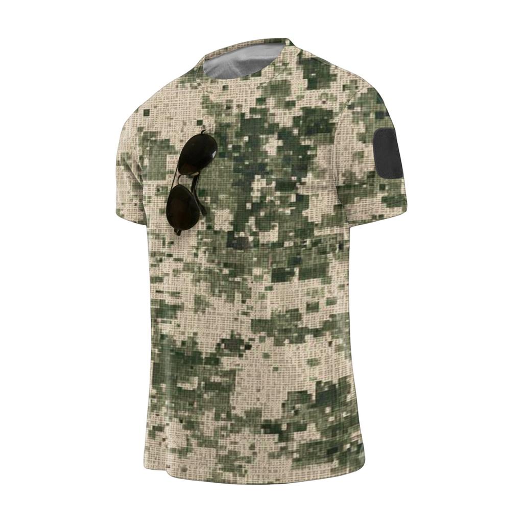 Men Tactical Crew Neck Short Sleeve Camouflage Print Loose Fit Breathable Outdoor Quick Dry T Shirt with Hook and Loop Patch Panel